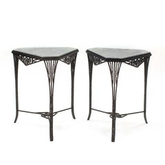 Pair of French Early Art Déco Gueridons Forged Iron Gray Marble Top 1920s