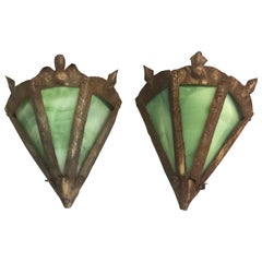 Antique Pair of French Early Modern Arts & Crafts Toll and Stain Glass Sconces