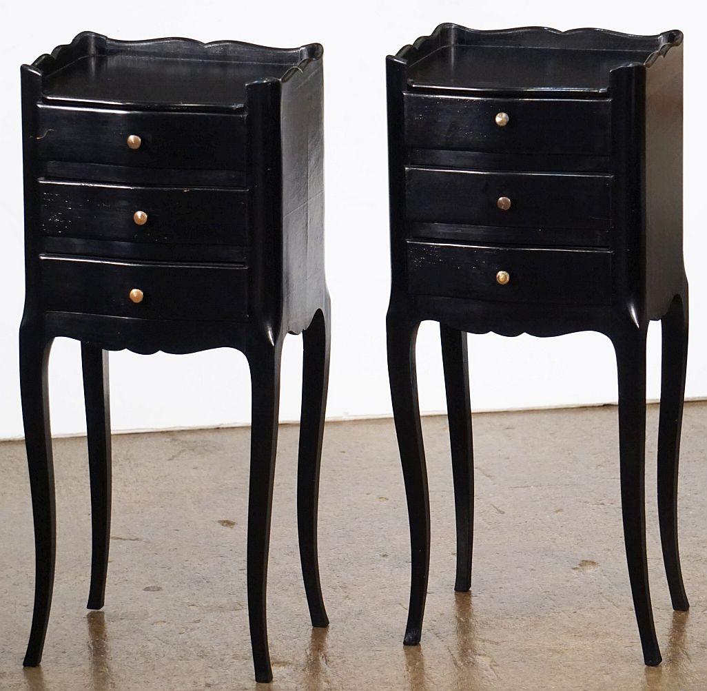 Pair of French Ebonized Black Night Stands or Bedside Tables with Cabriole Legs 8