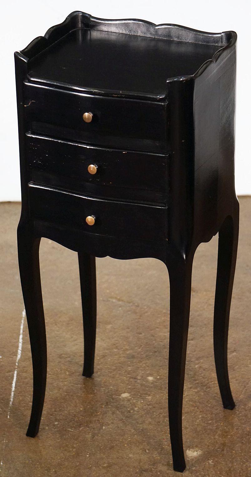 Pair of French Ebonized Black Night Stands or Bedside Tables with Cabriole Legs 2