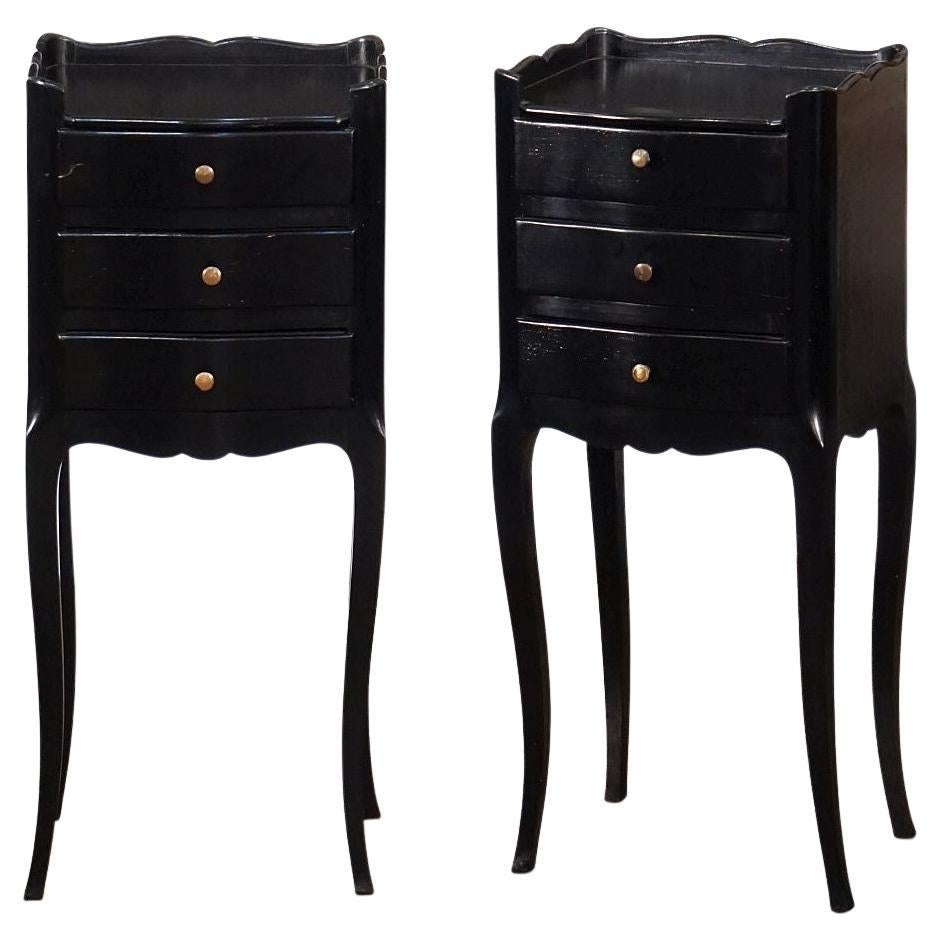 Pair of French Ebonized Black Night Stands or Bedside Tables with Cabriole Legs