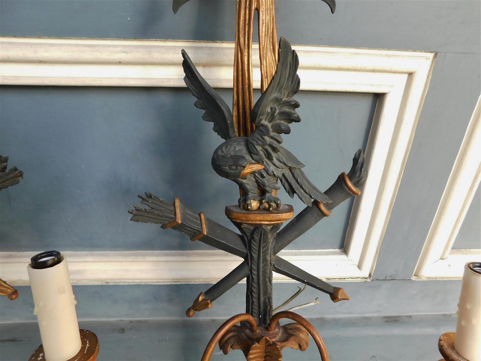 Pair of French Ebonized Eagle and Ribbon Gilt Wood Two Arm Wall Sconces, C 1840 For Sale 4