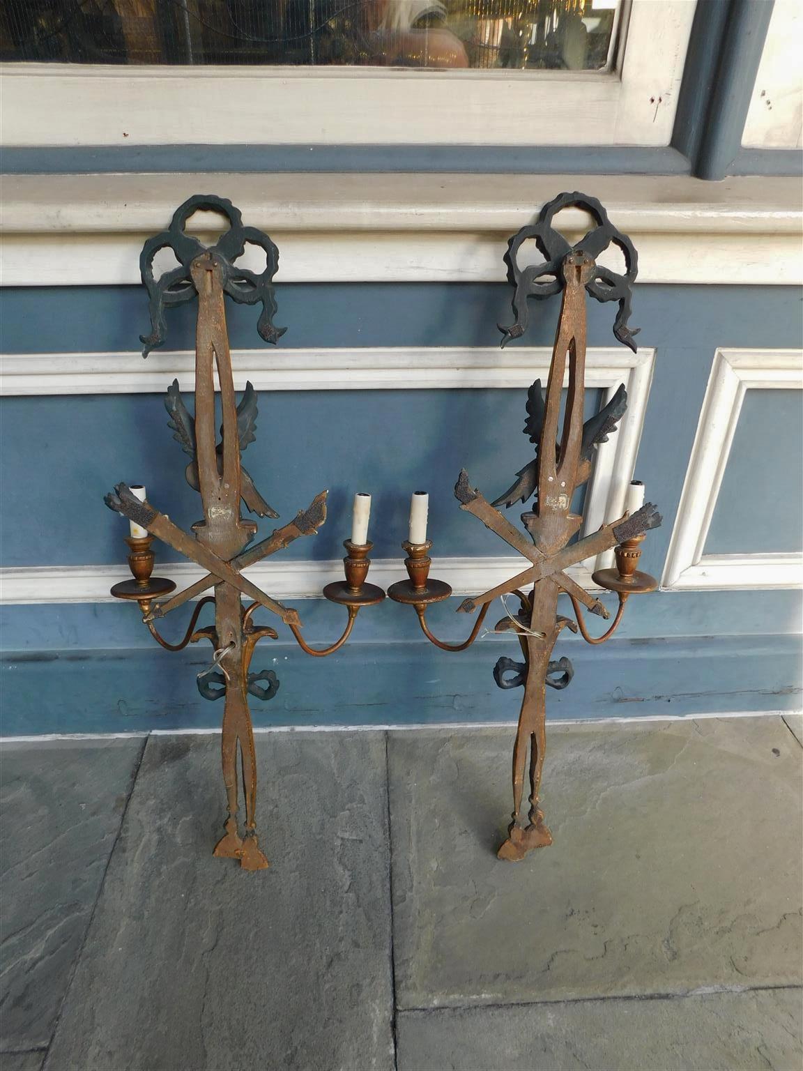 Pair of French Ebonized Eagle and Ribbon Gilt Wood Two Arm Wall Sconces, C 1840 For Sale 5