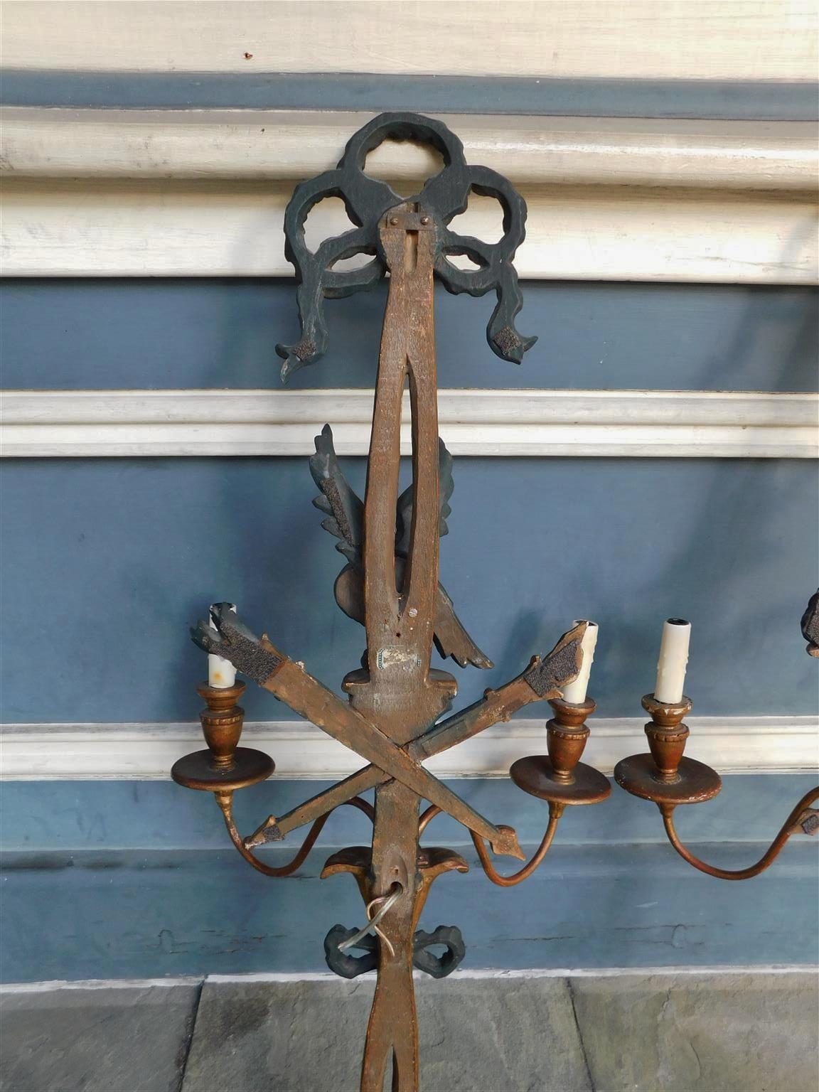 Pair of French Ebonized Eagle and Ribbon Gilt Wood Two Arm Wall Sconces, C 1840 For Sale 6