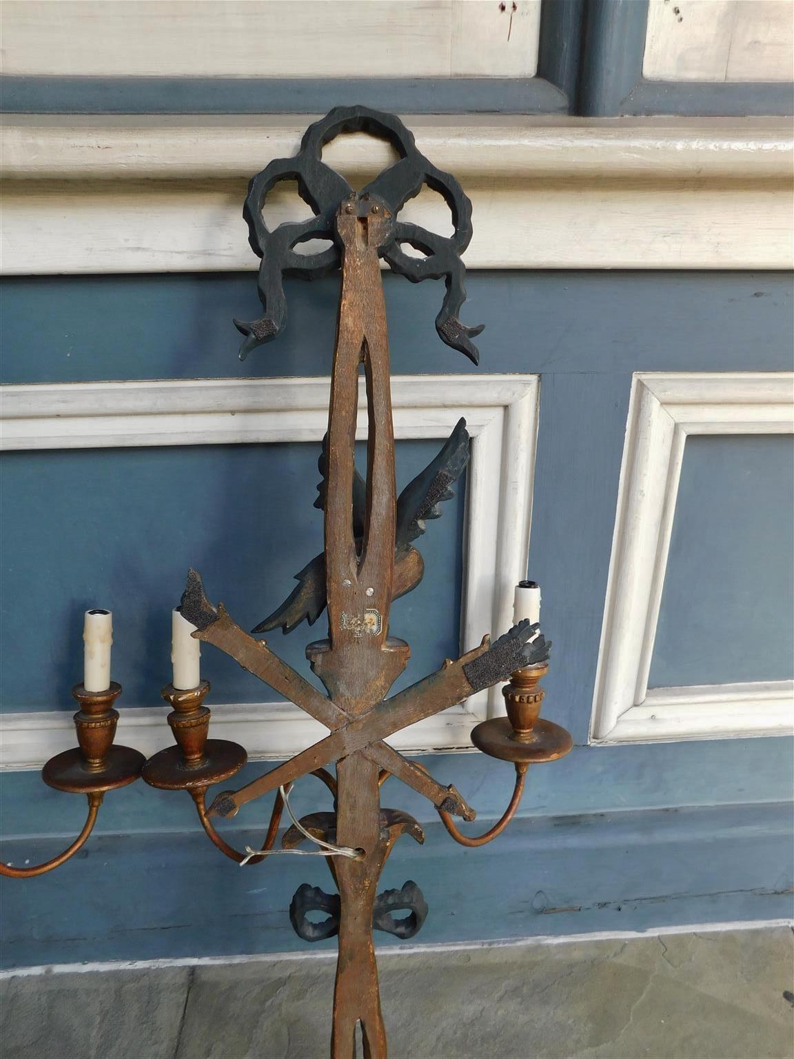 Pair of French Ebonized Eagle and Ribbon Gilt Wood Two Arm Wall Sconces, C 1840 For Sale 7