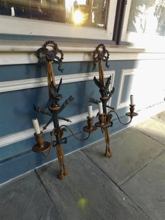 Pair of French Ebonized Eagle and Ribbon Gilt Wood Two Arm Wall Sconces, C 1840