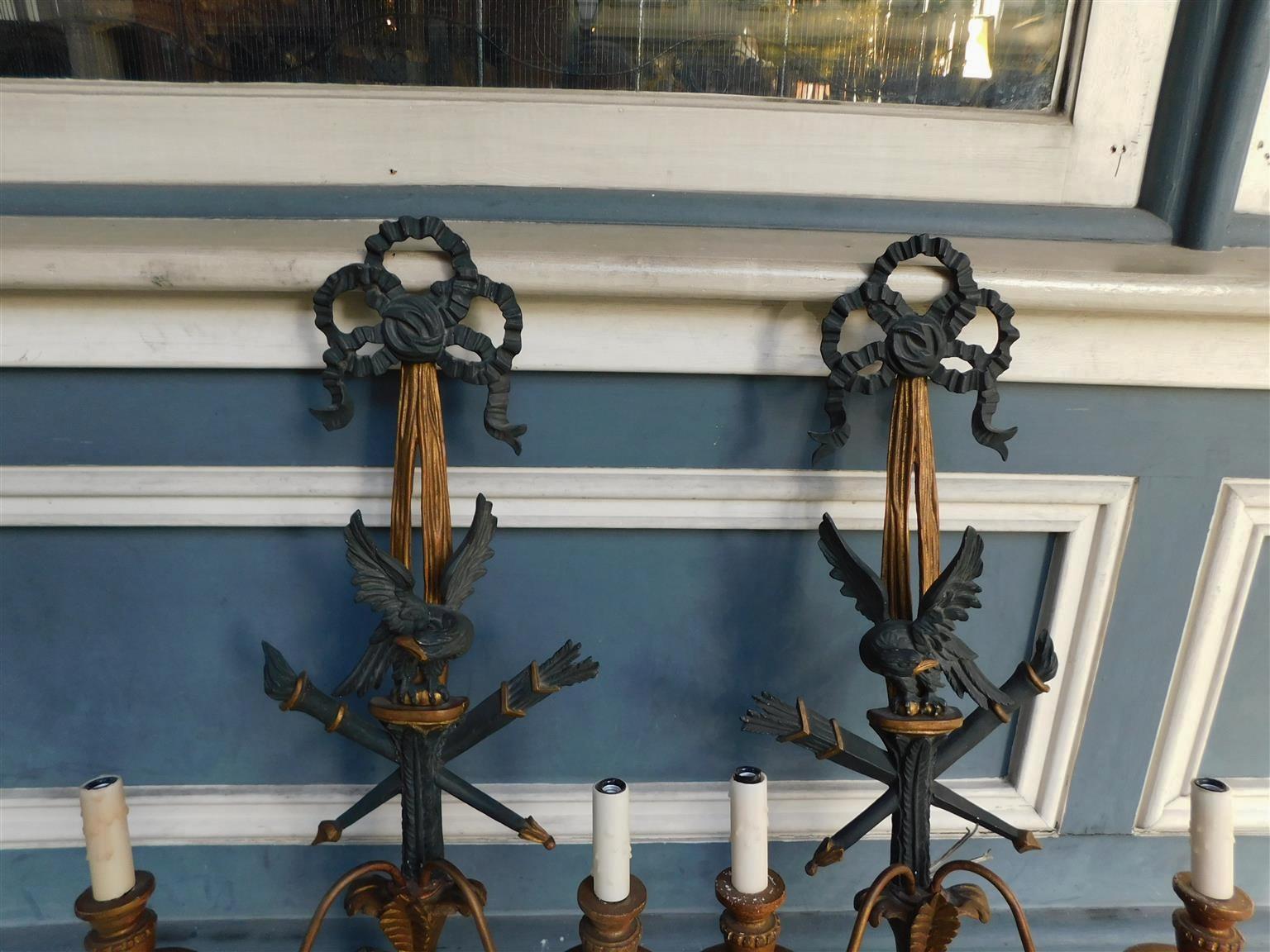 Pair of French Ebonized Eagle and Ribbon Gilt Wood Two Arm Wall Sconces, C 1840 In Excellent Condition For Sale In Hollywood, SC