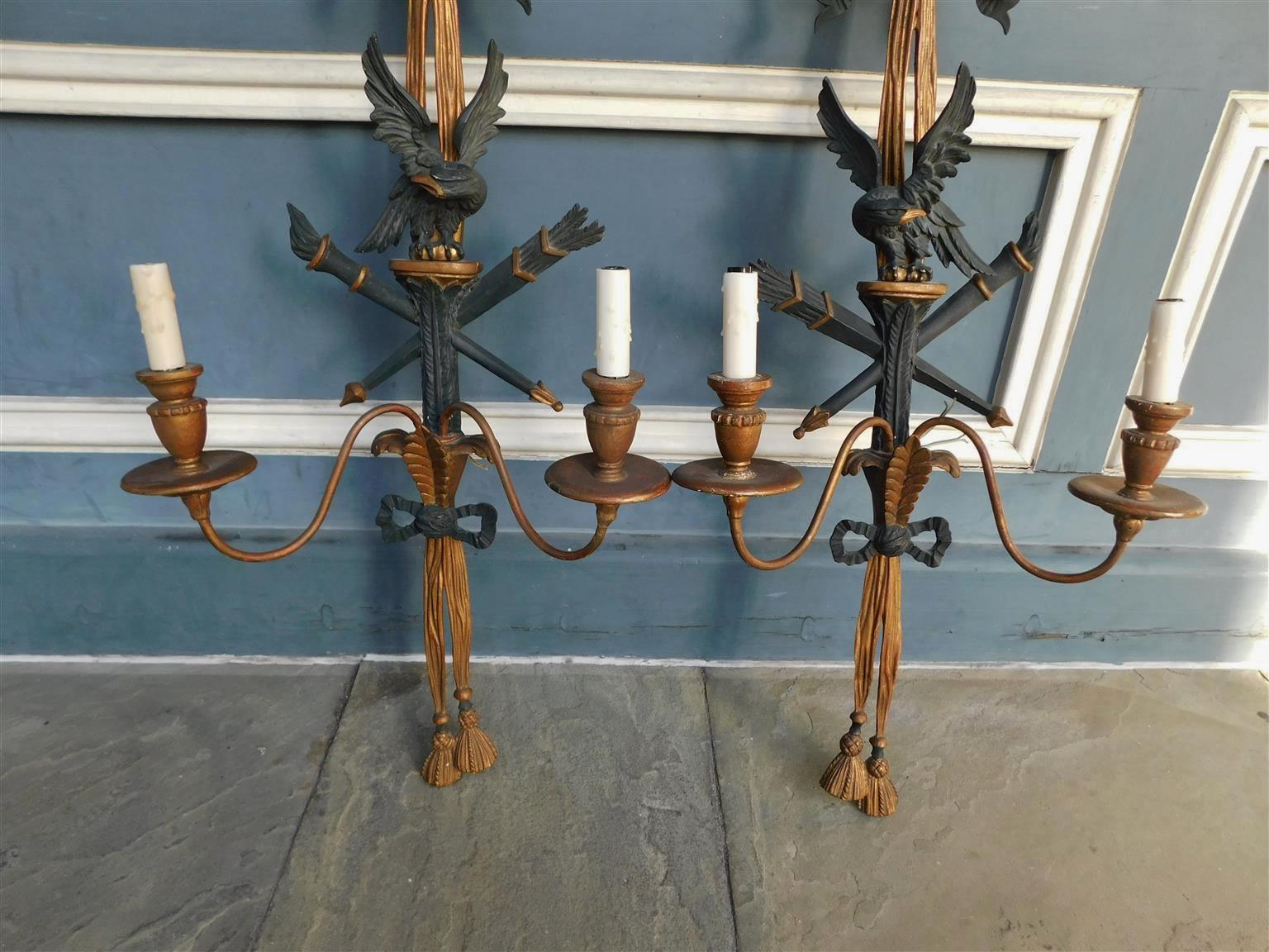 Mid-19th Century Pair of French Ebonized Eagle and Ribbon Gilt Wood Two Arm Wall Sconces, C 1840 For Sale
