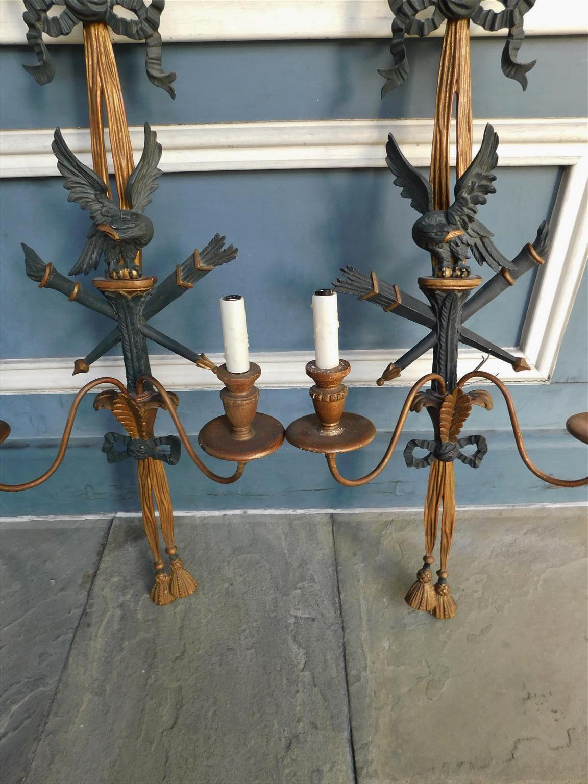 Wire Pair of French Ebonized Eagle and Ribbon Gilt Wood Two Arm Wall Sconces, C 1840 For Sale