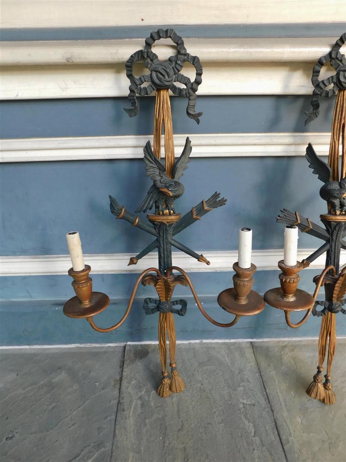Pair of French Ebonized Eagle and Ribbon Gilt Wood Two Arm Wall Sconces, C 1840 For Sale 1