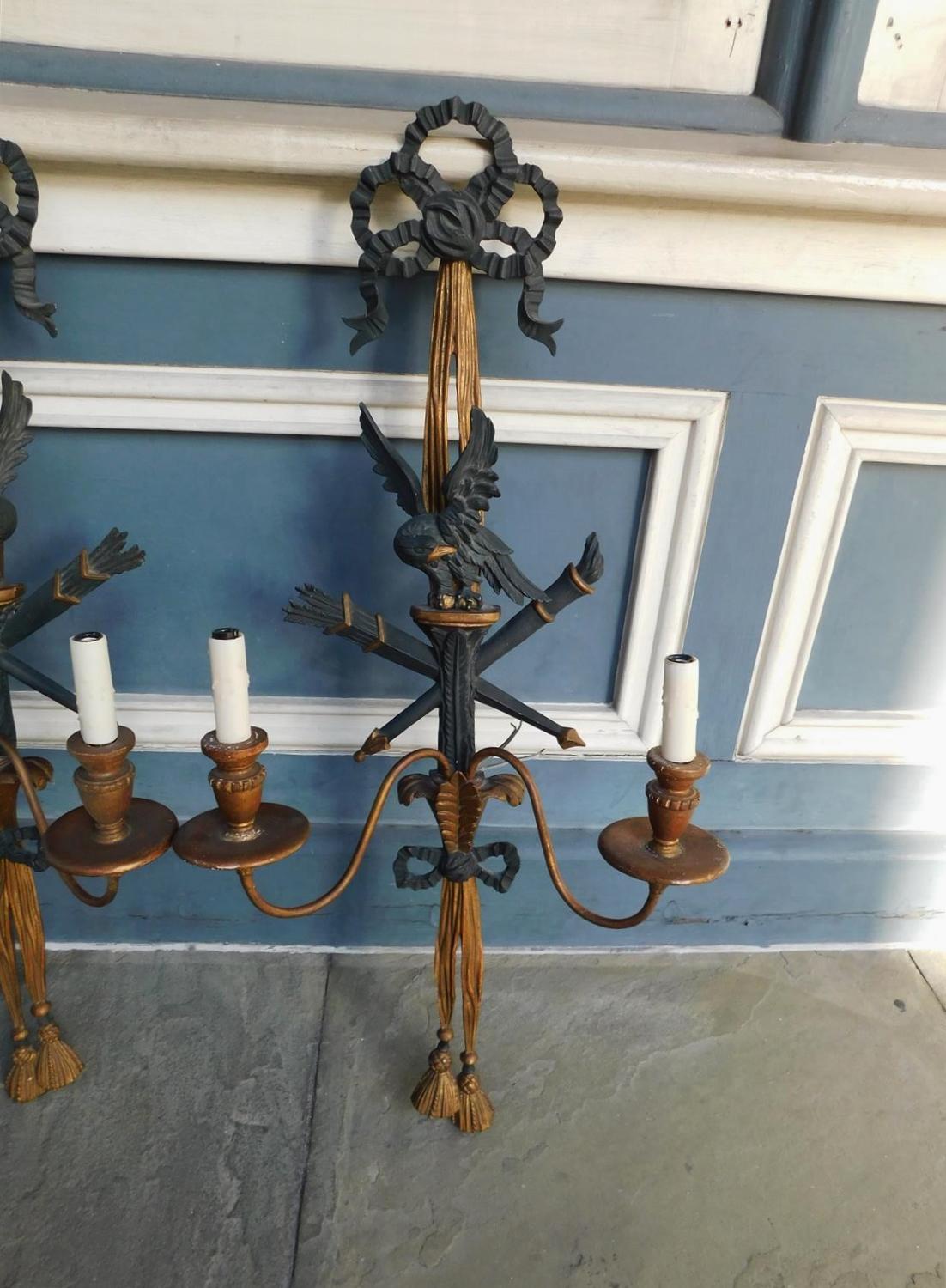 Pair of French Ebonized Eagle and Ribbon Gilt Wood Two Arm Wall Sconces, C 1840 For Sale 2