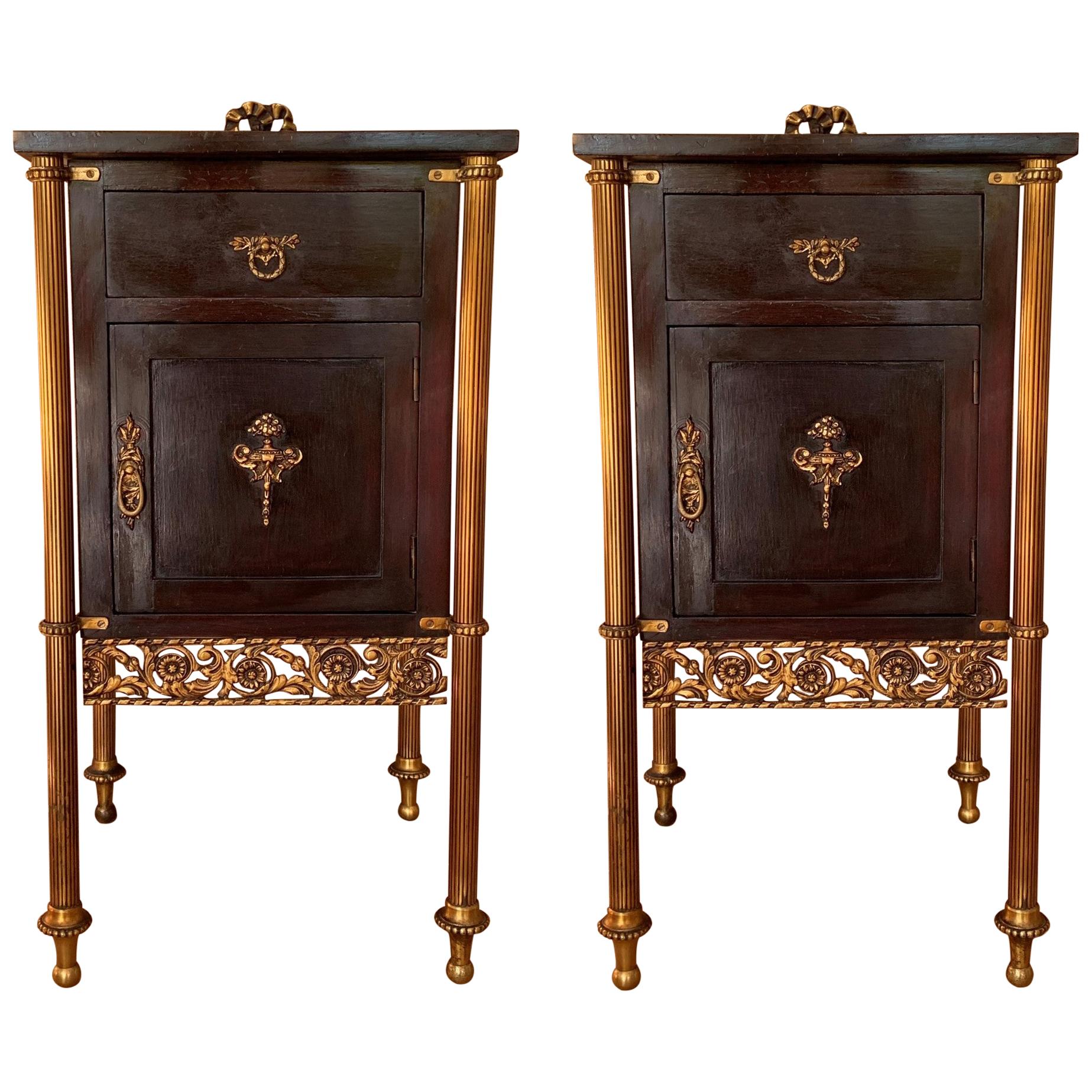 Pair of French Ebonized Mahogany Nightstands with Fluted Bronze Columns