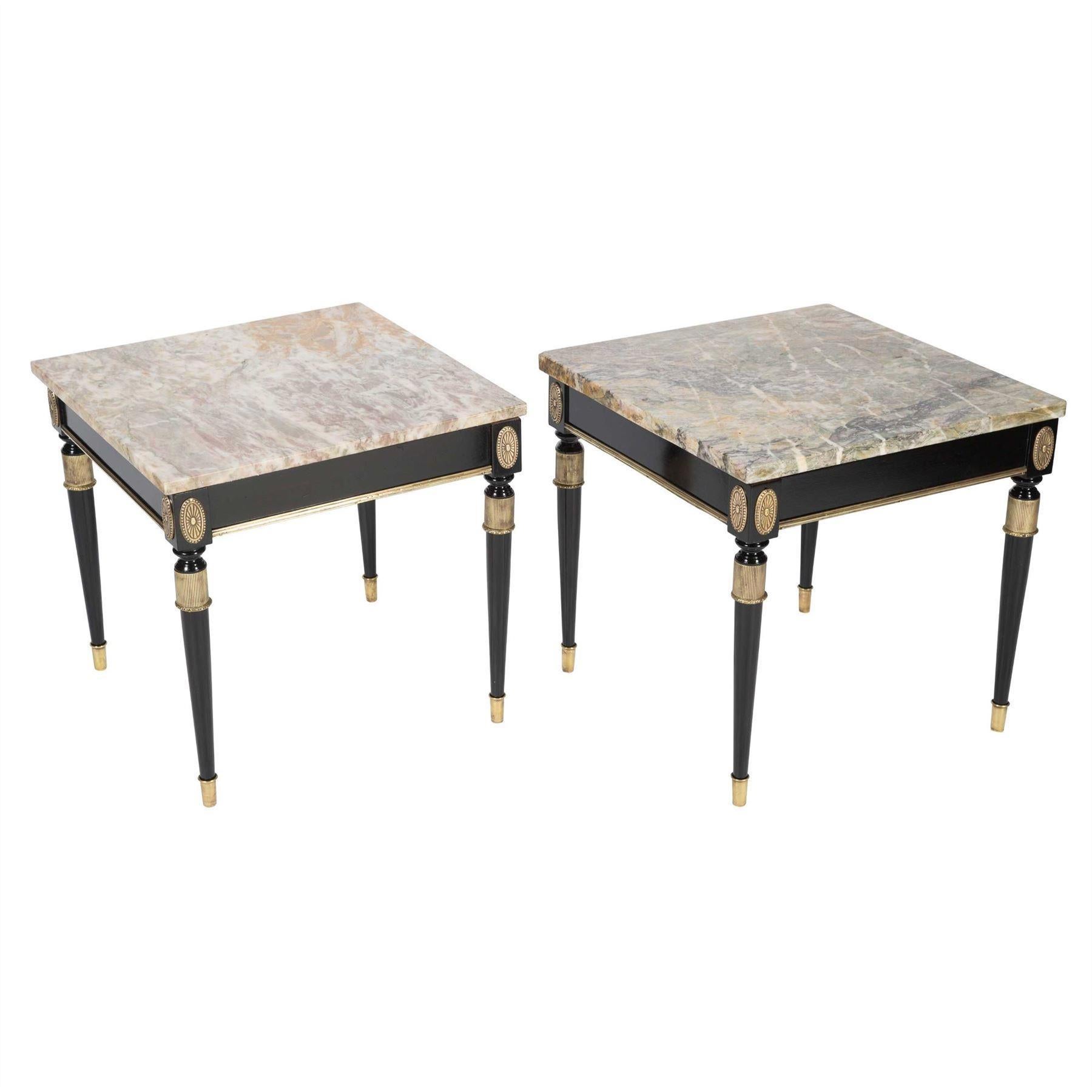 Pair of French ebonized brass and marble side/sofa tables, circa 1940s.