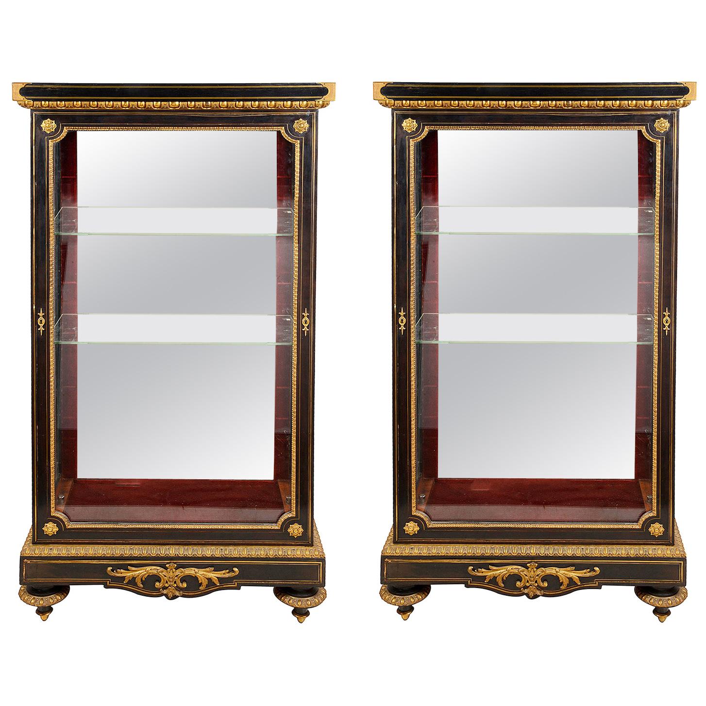 Pair of French Ebony and Ormolu Vitrines, circa 1870 For Sale