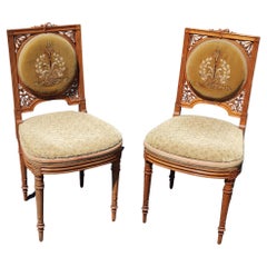 Pair of French Ebroidered Antique Side Chairs or Boudoir Chairs circa 1900
