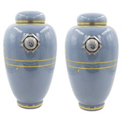 Pair of French 1930s Pale Blue Ginger Jars Signed
