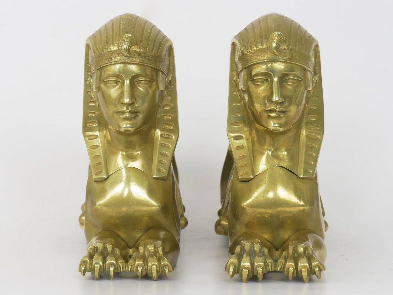 Pair of French Egyptian Revival Sphinx Figural Bronze Sculpture Chenets 10