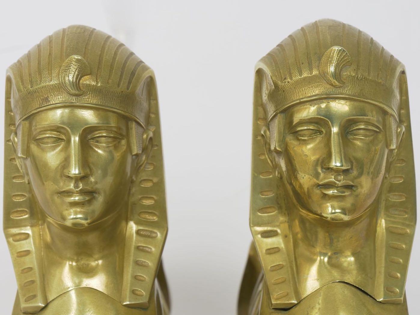 Pair of French Egyptian Revival Sphinx Figural Bronze Sculpture Chenets 11