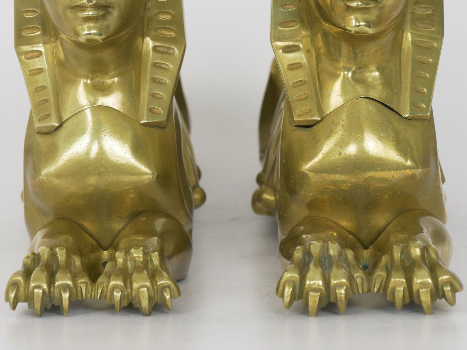 Pair of French Egyptian Revival Sphinx Figural Bronze Sculpture Chenets 12