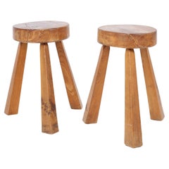 Pair of French Elm Stools in the Style of Atelier Marolles