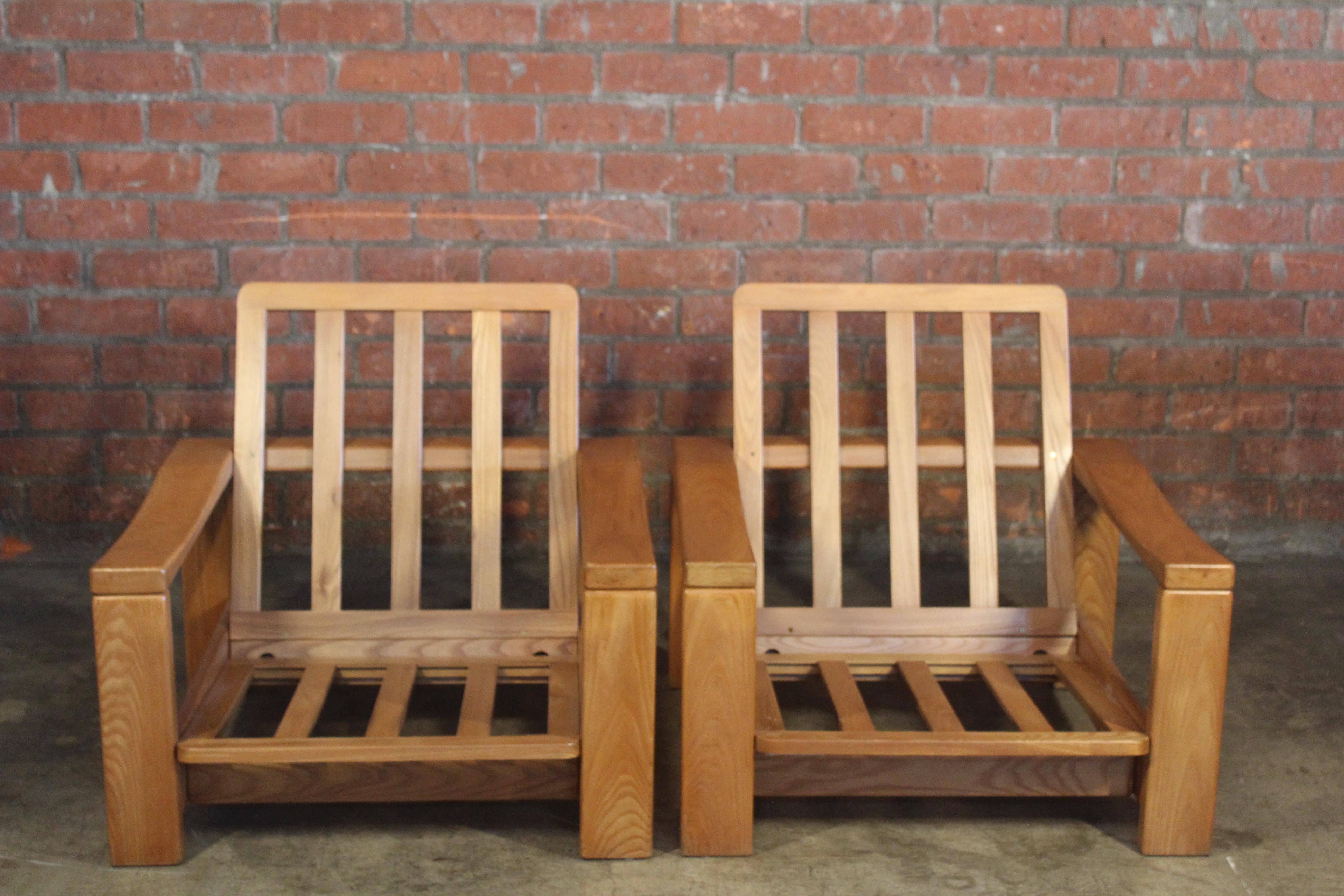 Pair of French Elm Wood Lounge Chairs, 1970s 12