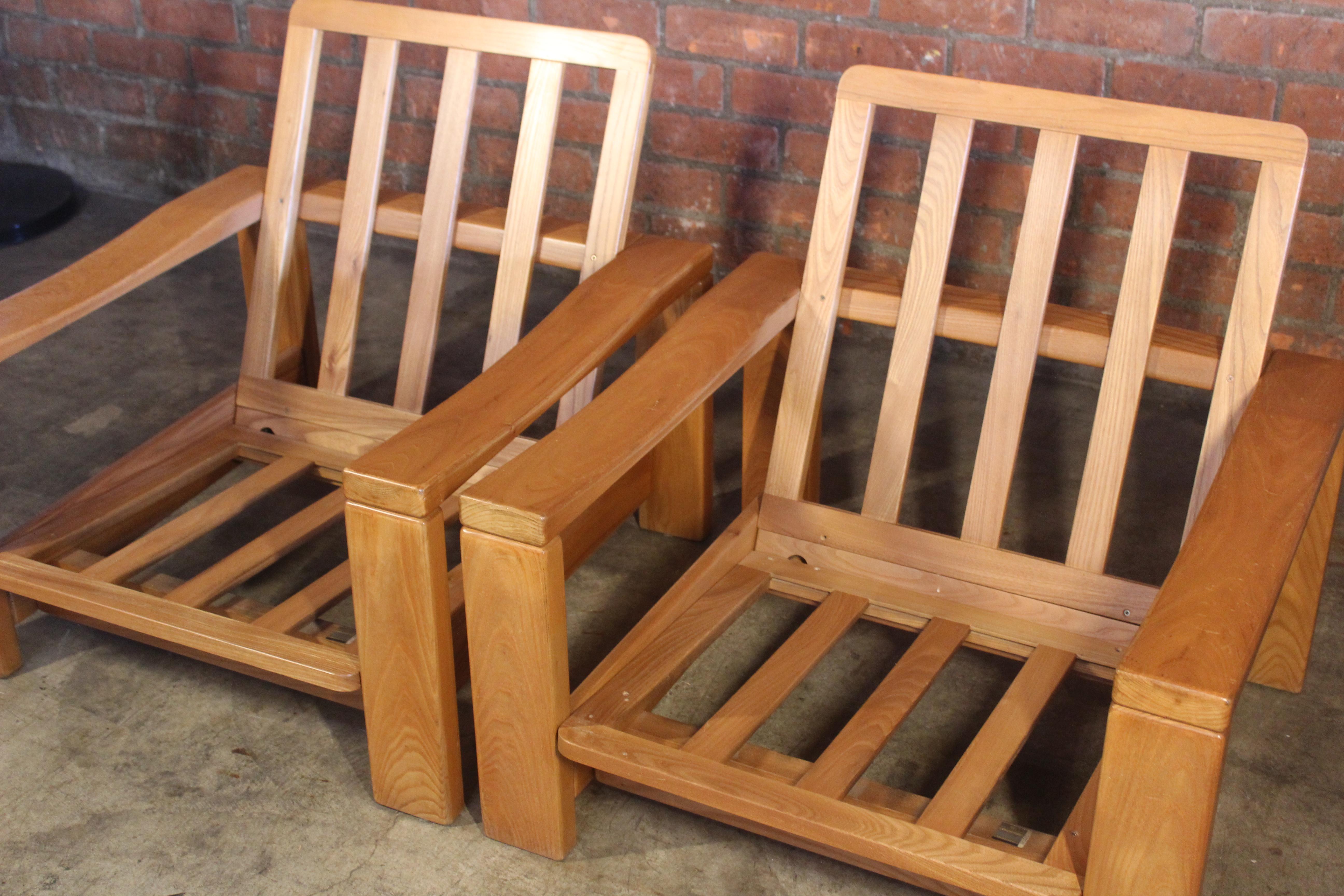 Pair of French Elm Wood Lounge Chairs, 1970s 13