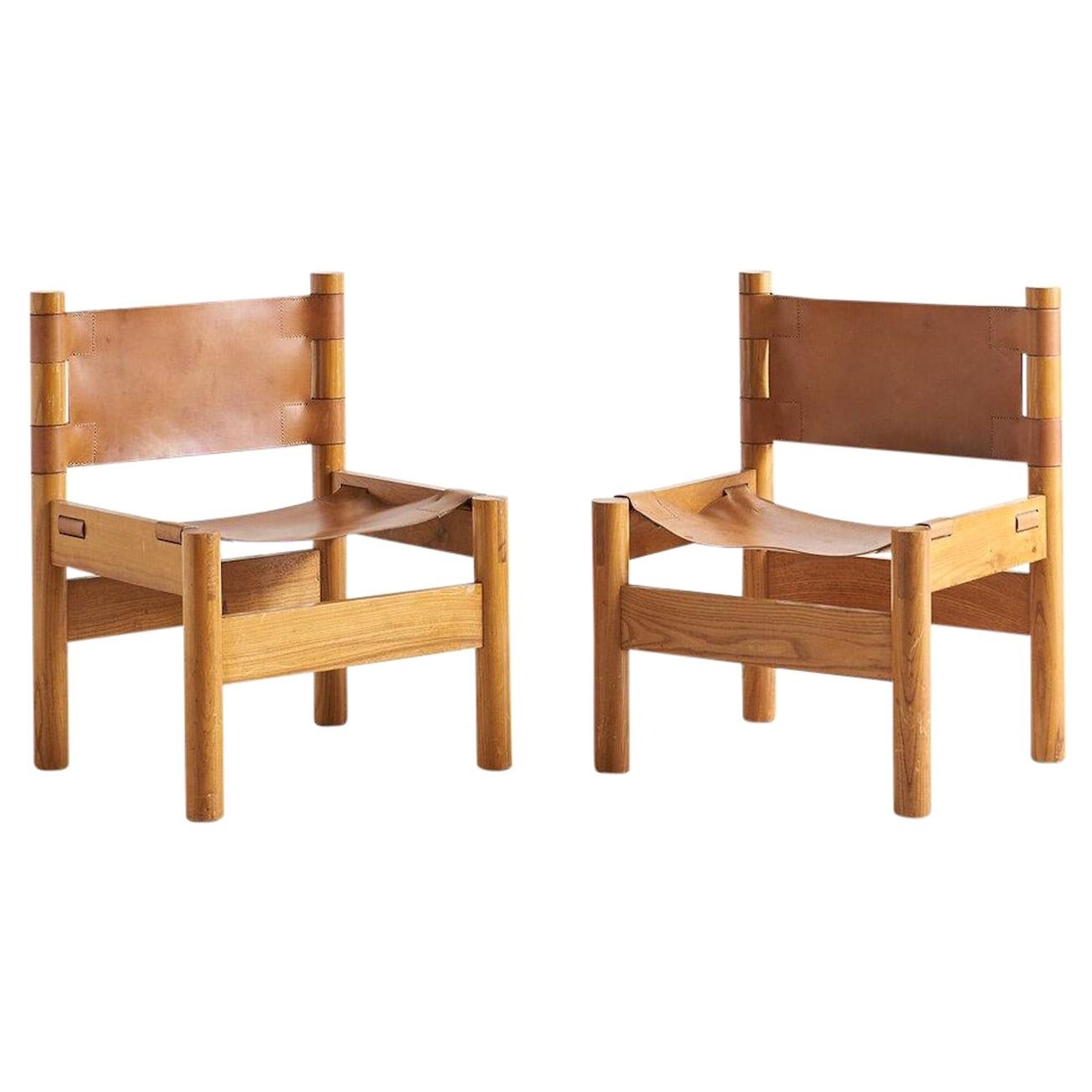 Pair of French Elm Wood and Saddle Leather Lounge Chairs