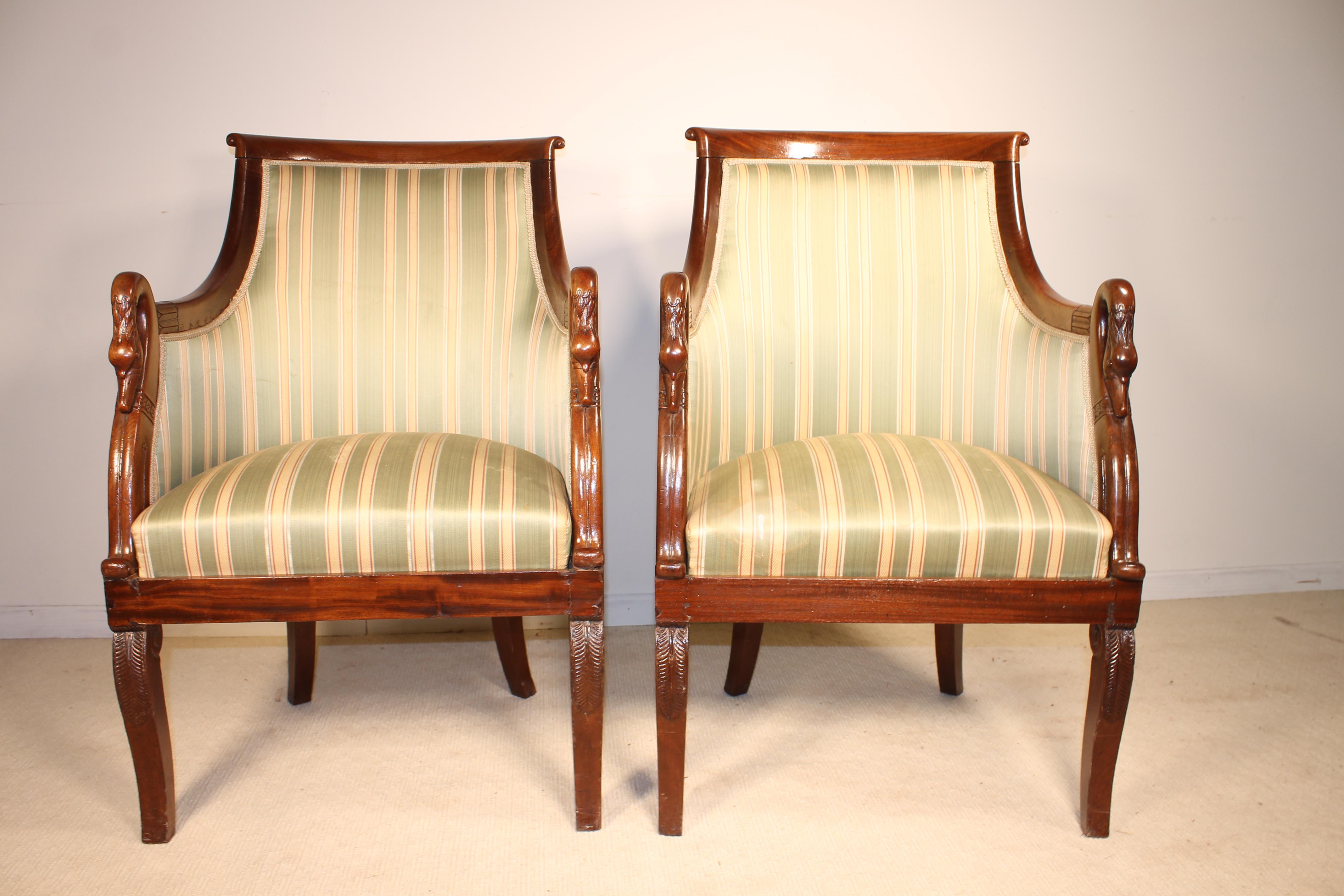 Pair of French Empire Armchairs in Mahogany 1