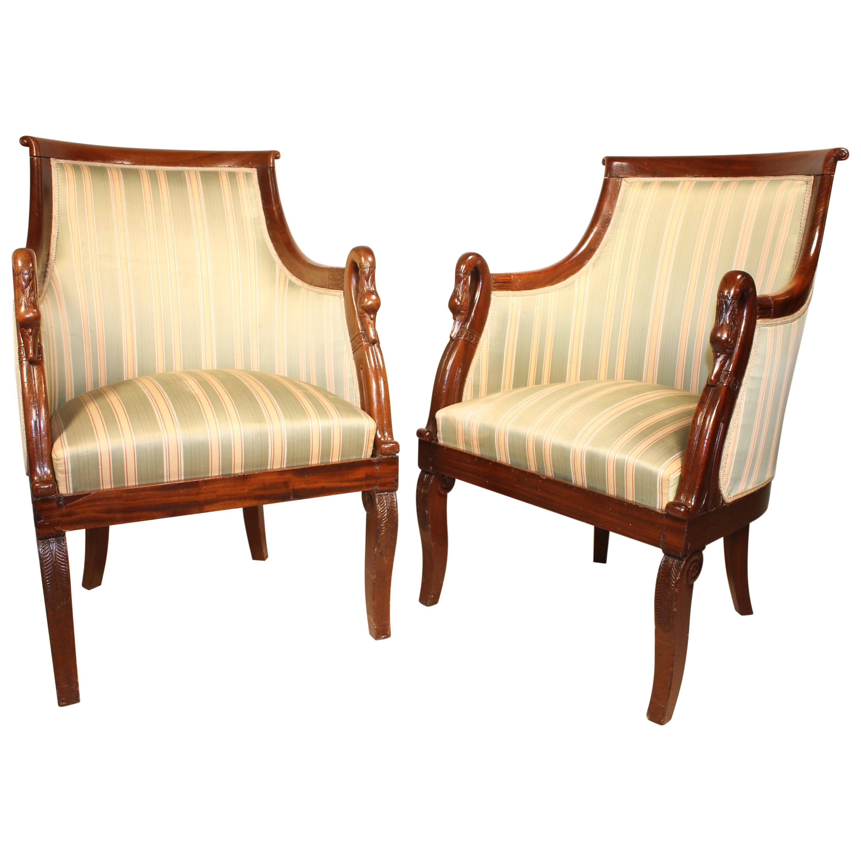 Pair of French Empire Armchairs in Mahogany