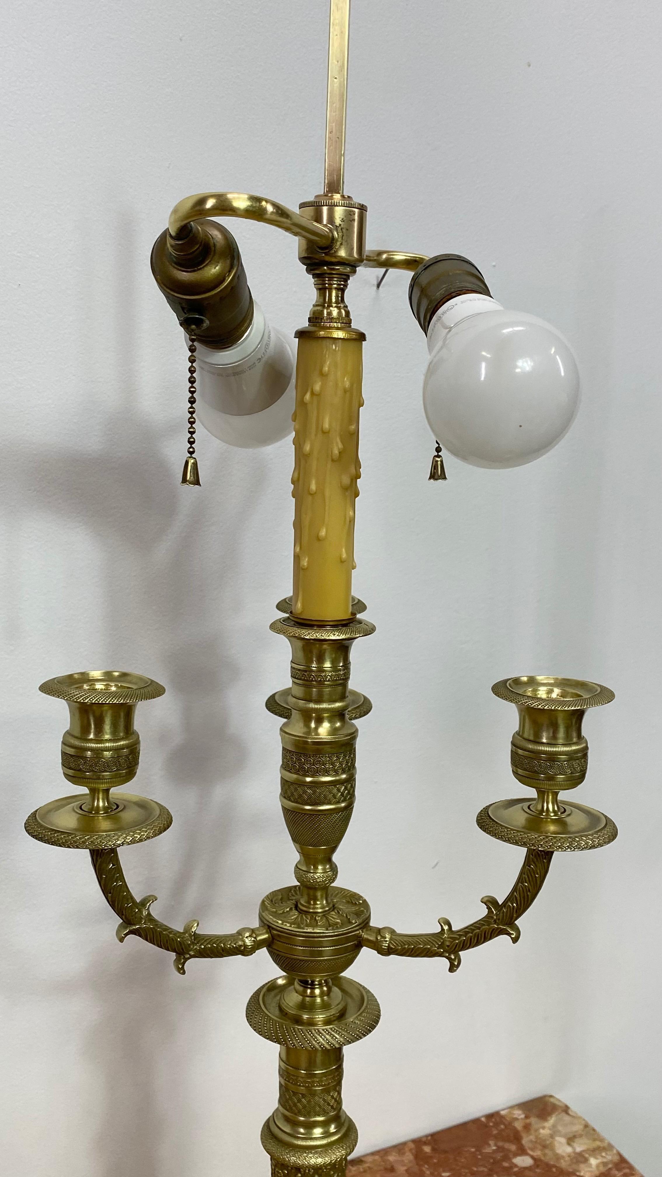 Pair of French Empire Brass Candelabra Lamps, 19th Century For Sale 5