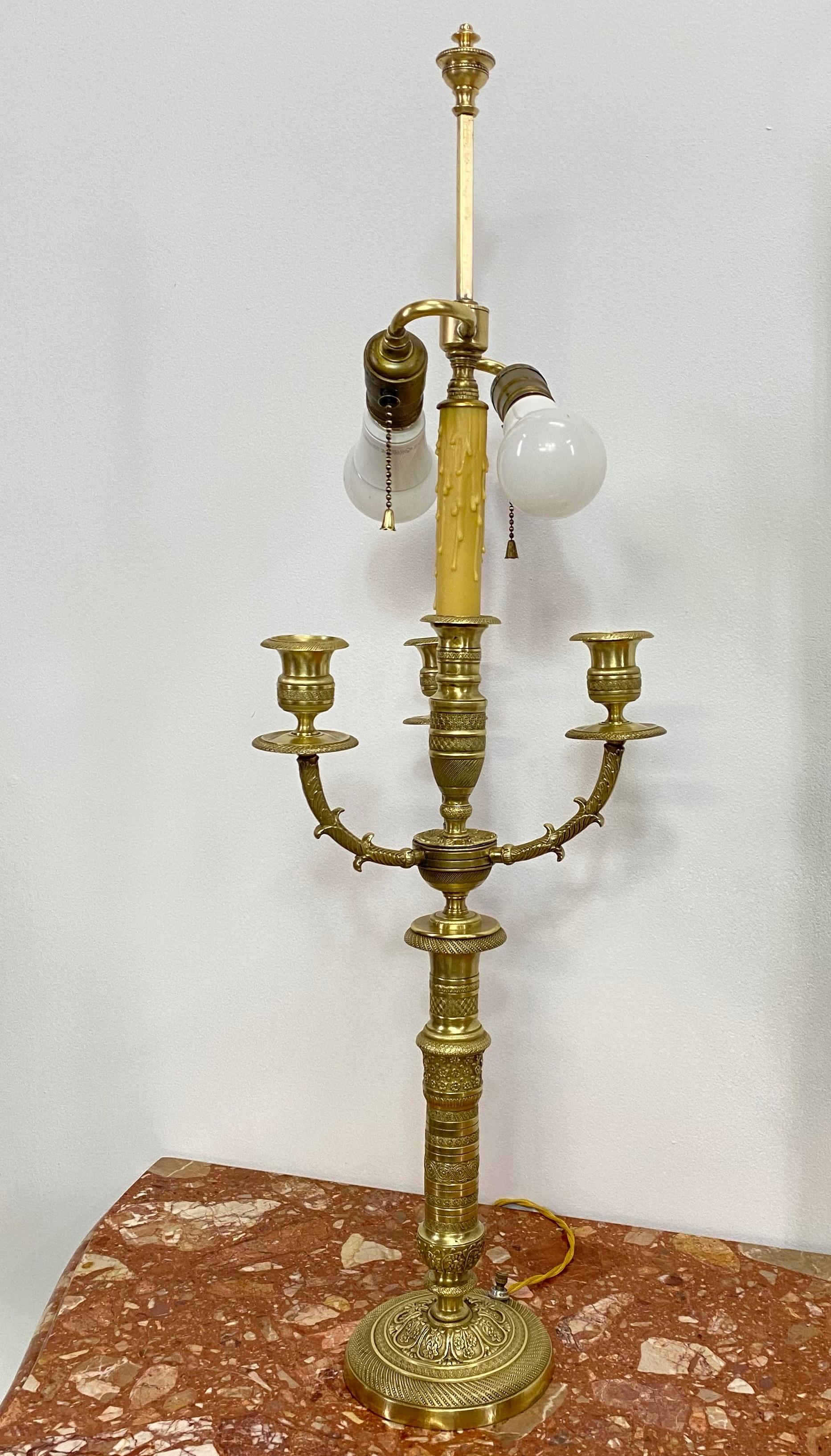 Pair of French Empire Brass Candelabra Lamps, 19th Century For Sale 6