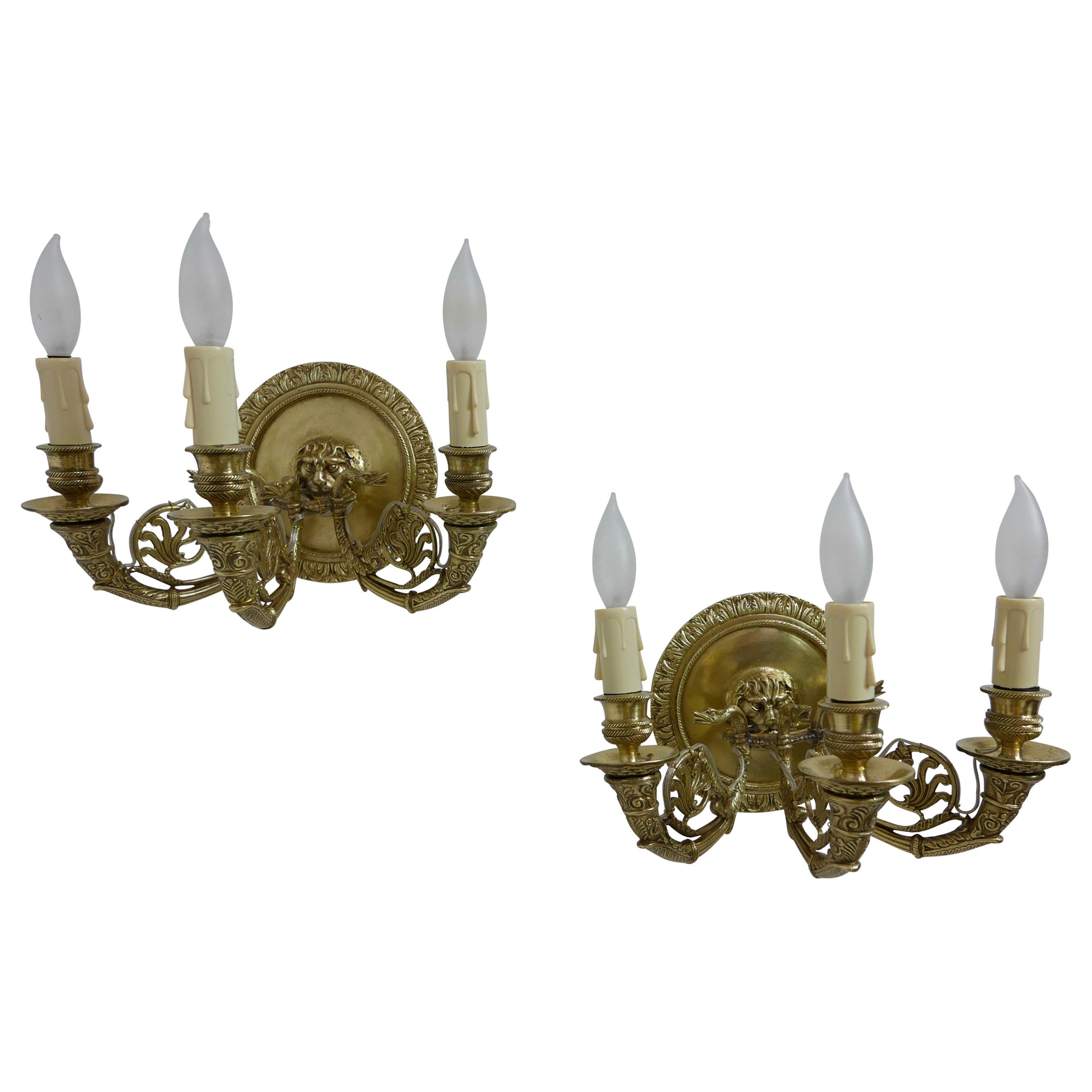 Pair of French Empire Brass Sconces, Early 19th Century For Sale