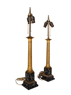 Pair Of French Empire Bronze and Faux Marble Table Lamps