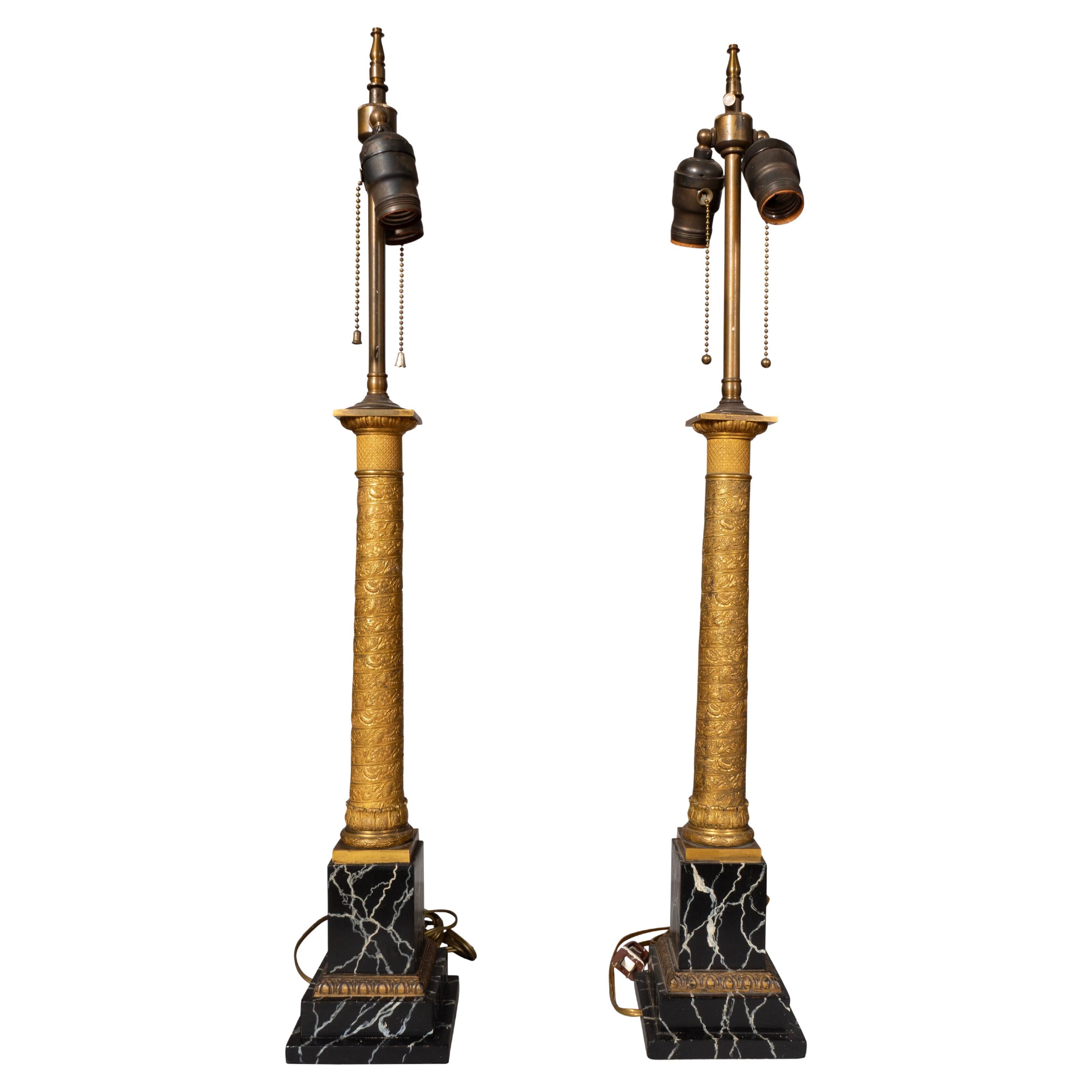 Pair Of French Empire Bronze and Faux Marble Table Lamps
