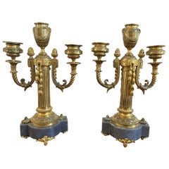 Pair of French Empire Bronze and Marble Three-Arm Candelabra