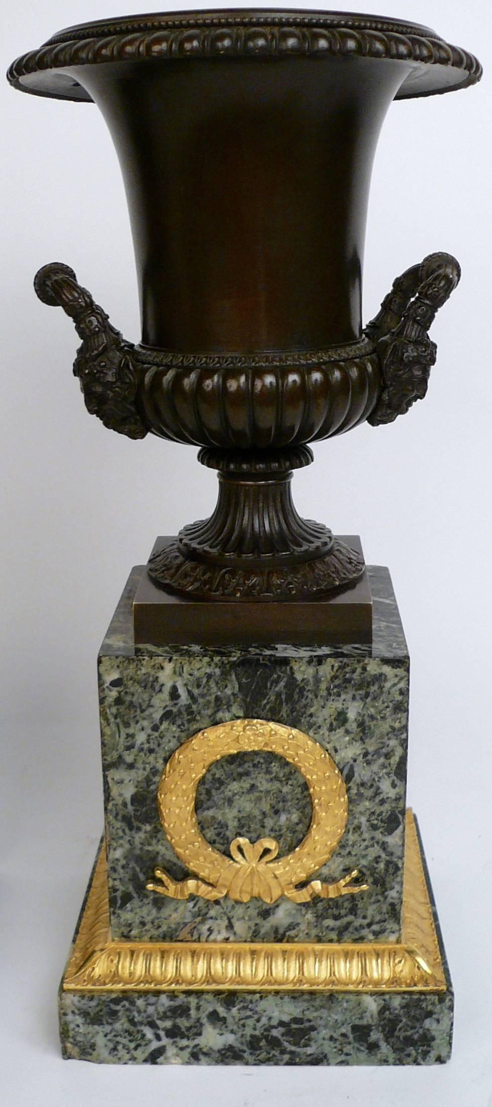 Pair of French Empire Bronze and Marble Urns In Excellent Condition For Sale In Pittsburgh, PA