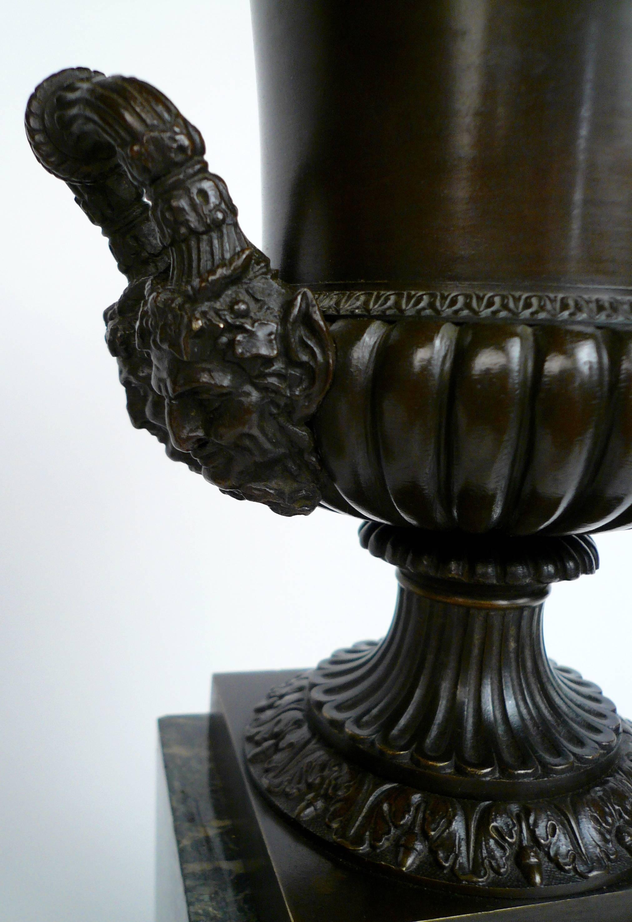 Pair of French Empire Bronze and Marble Urns For Sale 1