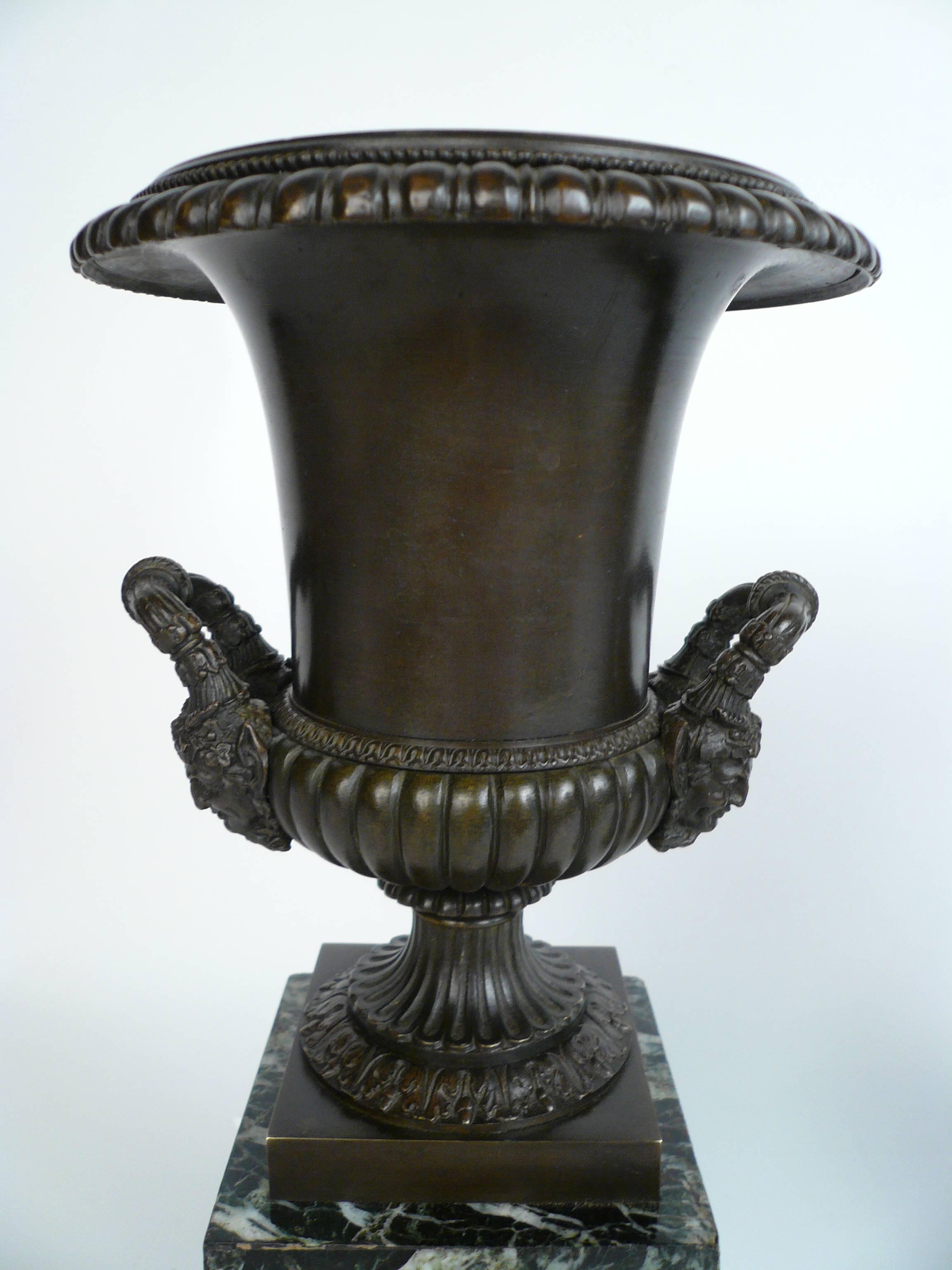 Pair of French Empire Bronze and Marble Urns For Sale 2