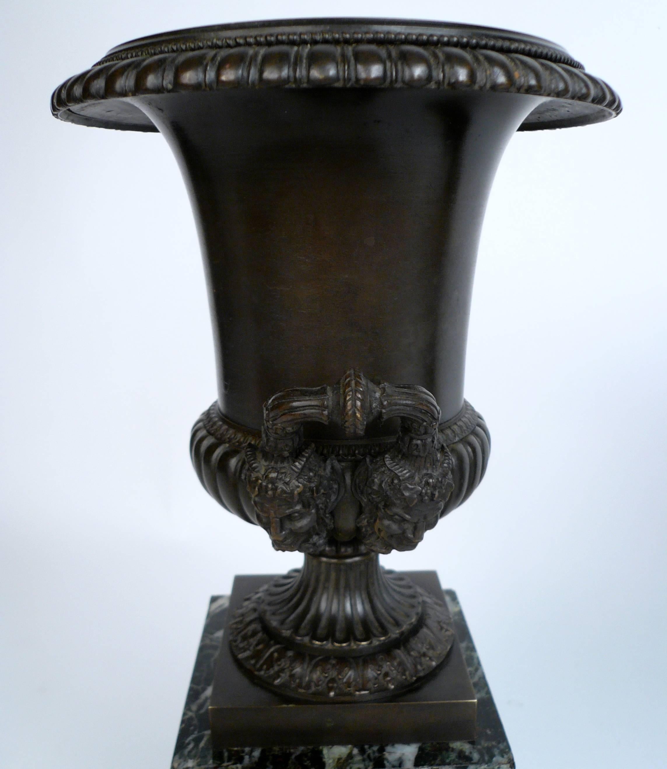 Pair of French Empire Bronze and Marble Urns For Sale 3