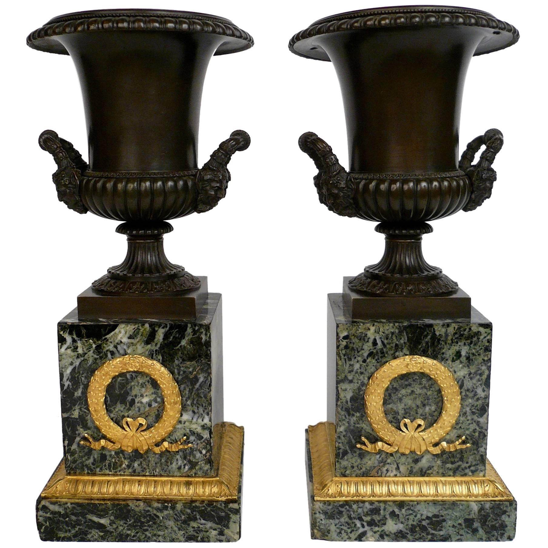 Pair of French Empire Bronze and Marble Urns