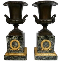 Antique Pair of French Empire Bronze and Marble Urns