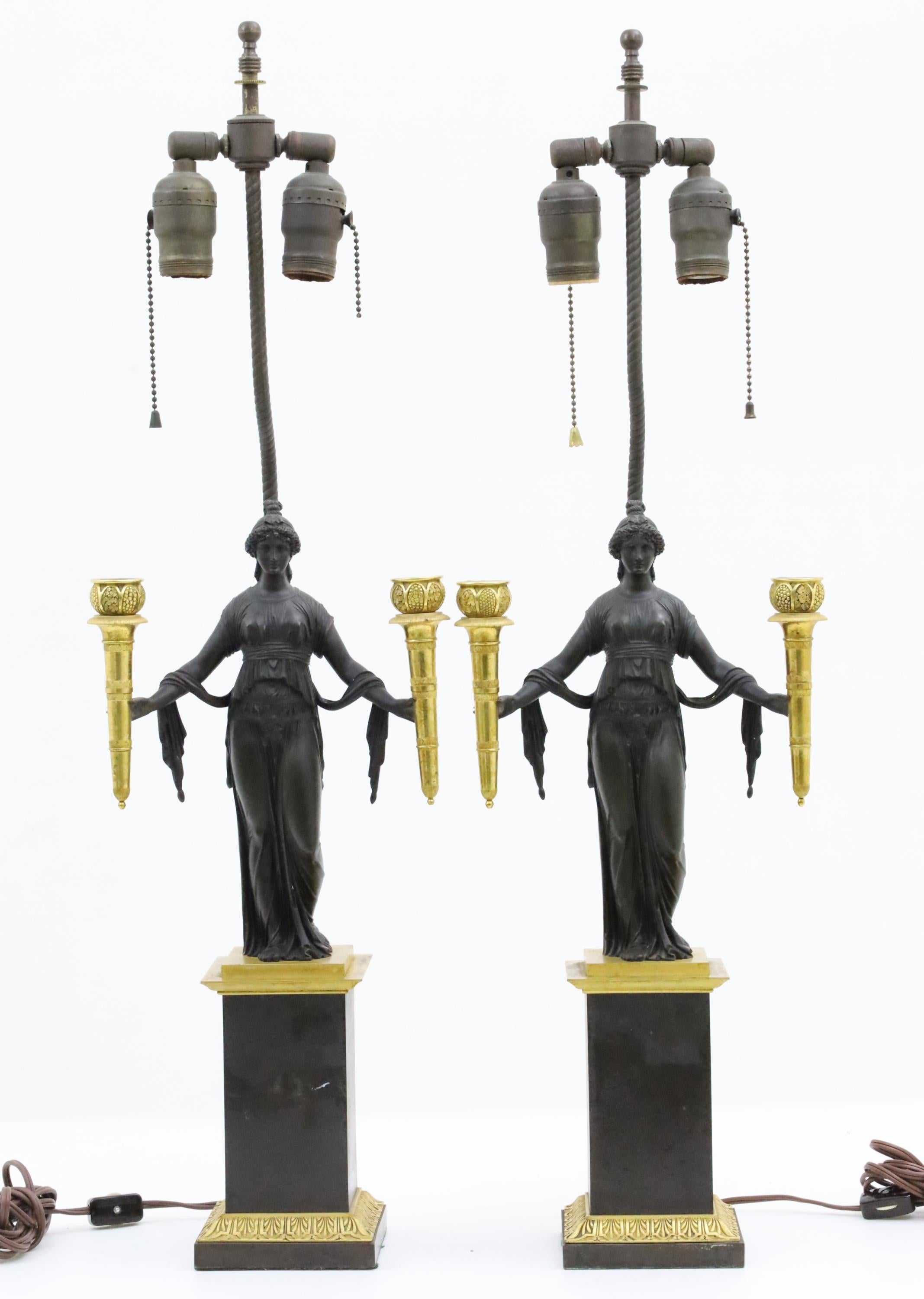 Cast Pair of French Empire Bronze Candelabra For Sale
