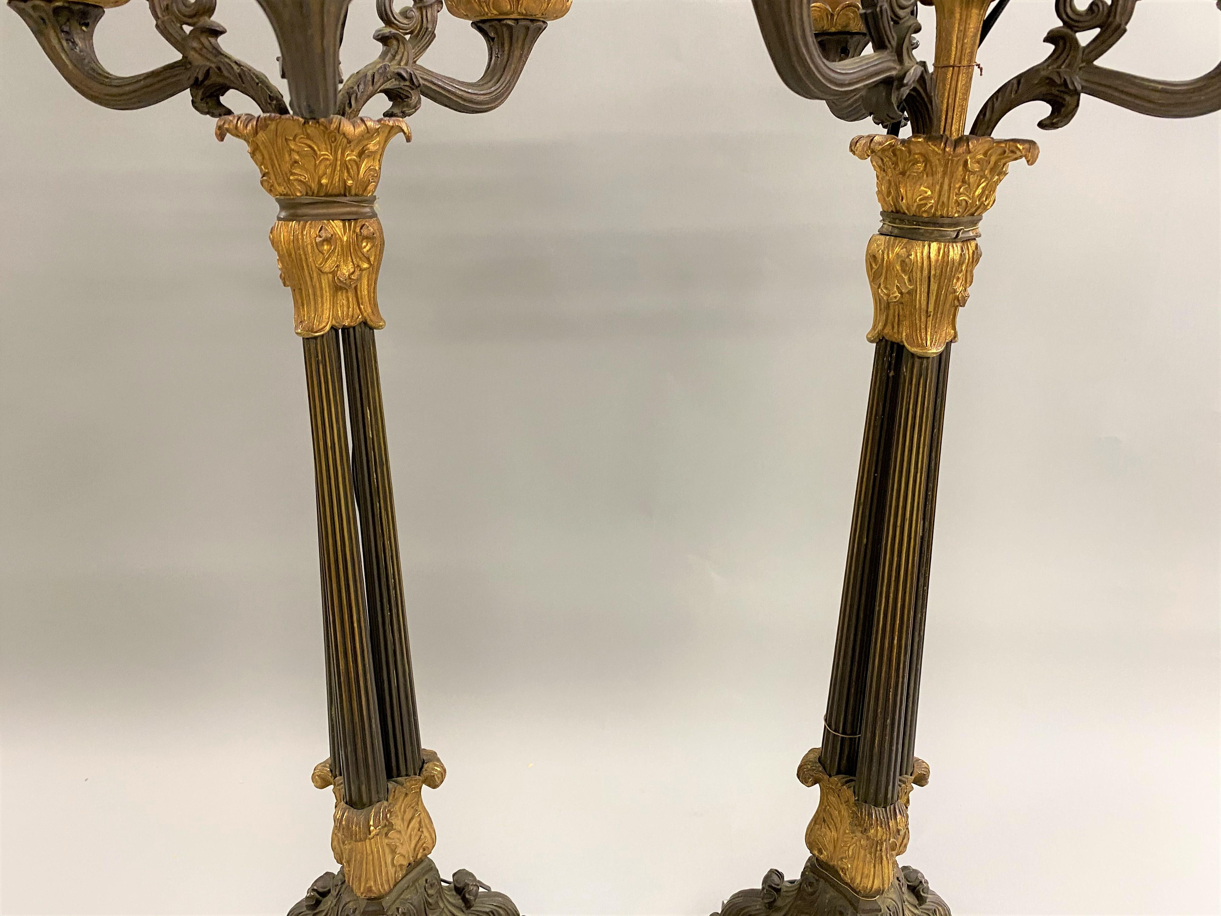 Cast Pair of French Empire Bronze Candelabra Lamps with Ormolu