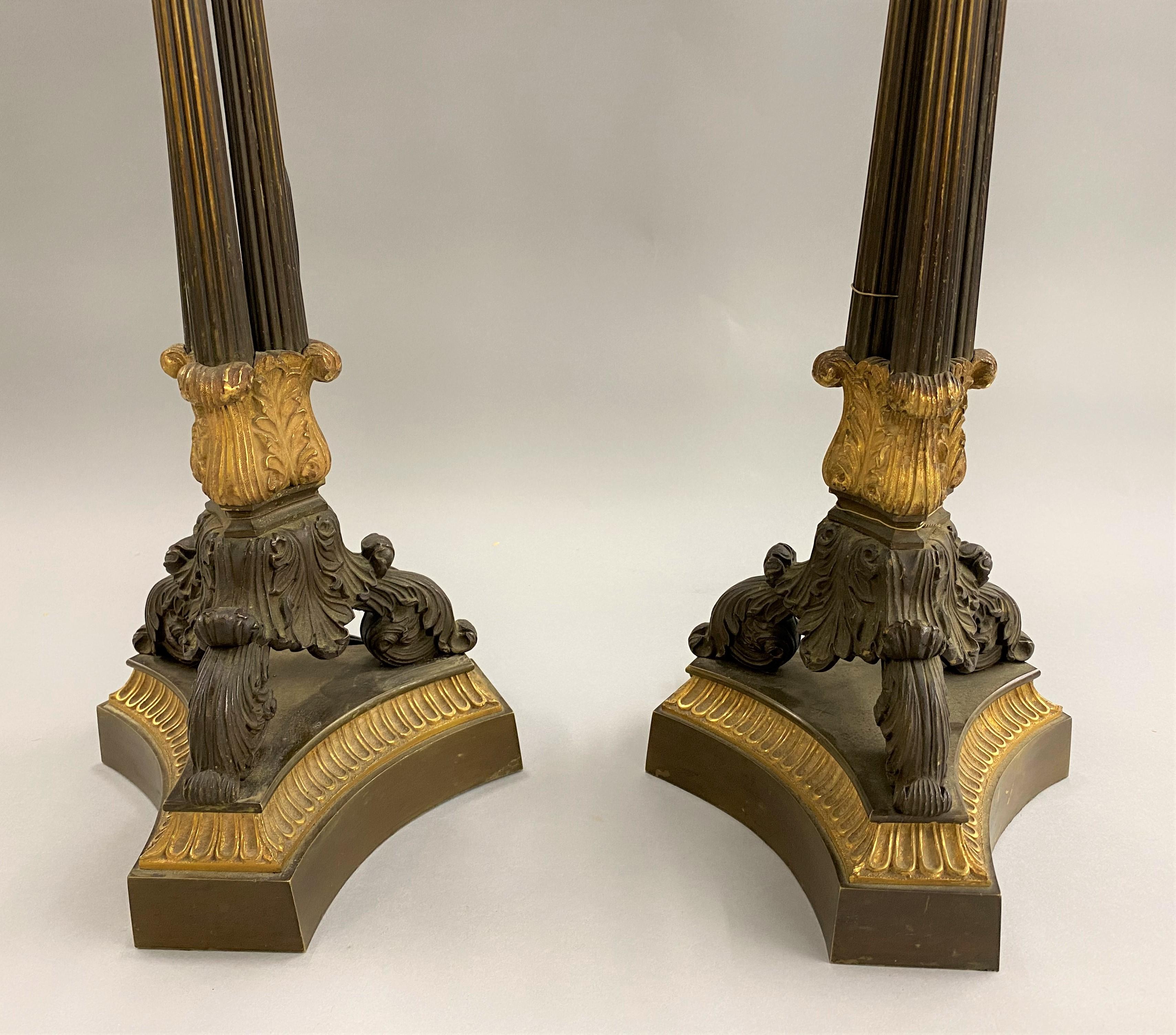Pair of French Empire Bronze Candelabra Lamps with Ormolu In Good Condition In Milford, NH