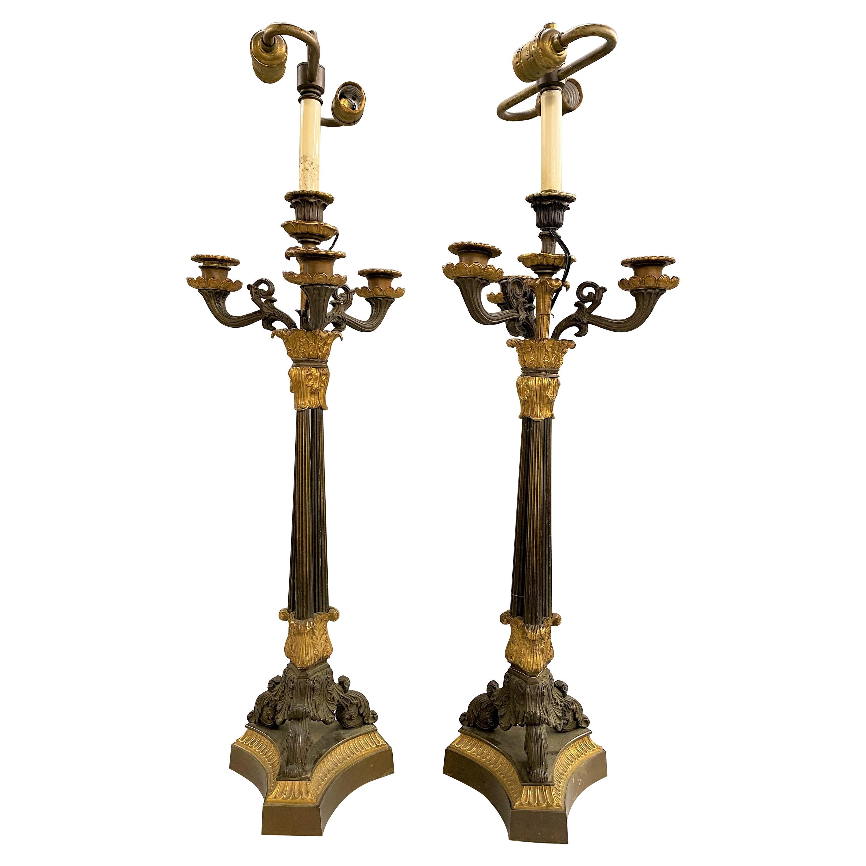 Pair of French Empire Bronze Candelabra Lamps with Ormolu