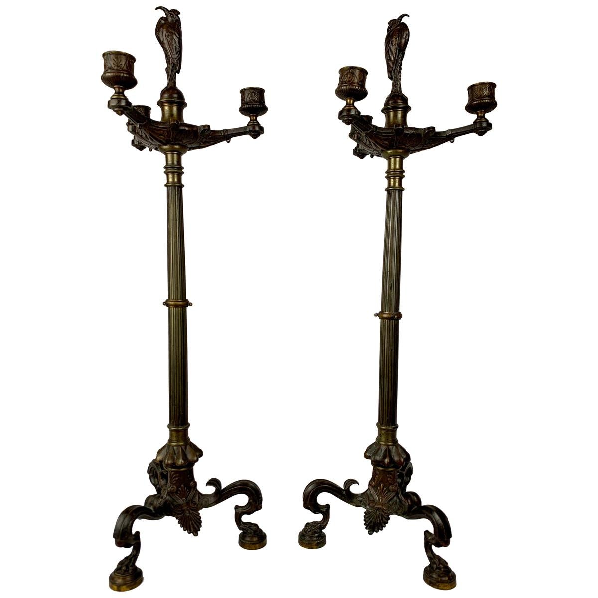 French Empire Patinated Bronze Tripod Candelabras, Lion's Paw Feet, 19th c.
