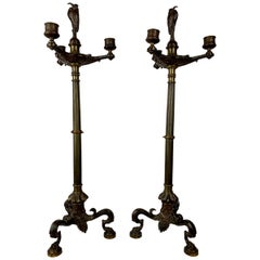 Paire de candlabres tripodes Empire franais en bronze patin avec pieds en pattes de lion