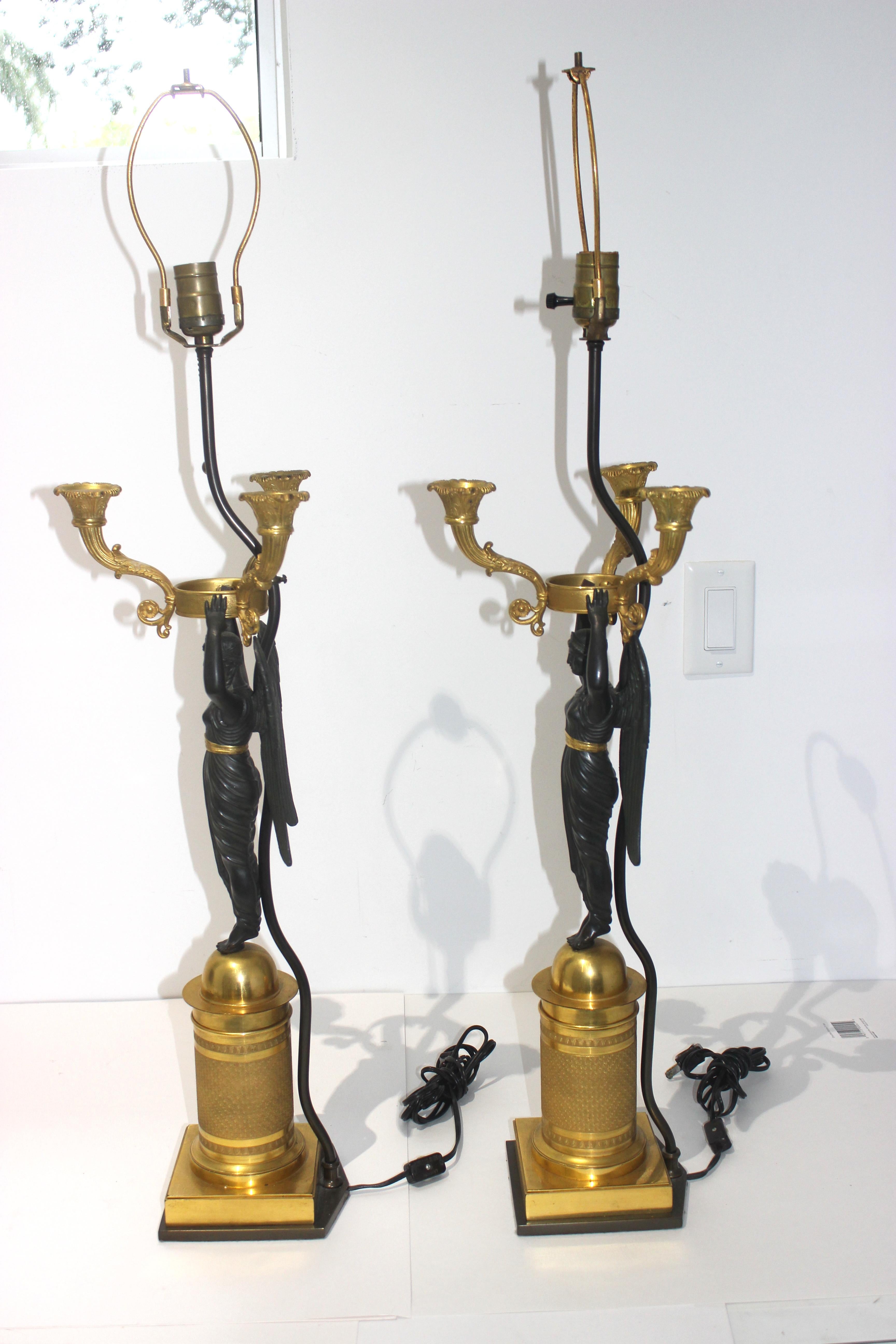 Pair of French Empire Bronze Candleabra Lamps For Sale 6