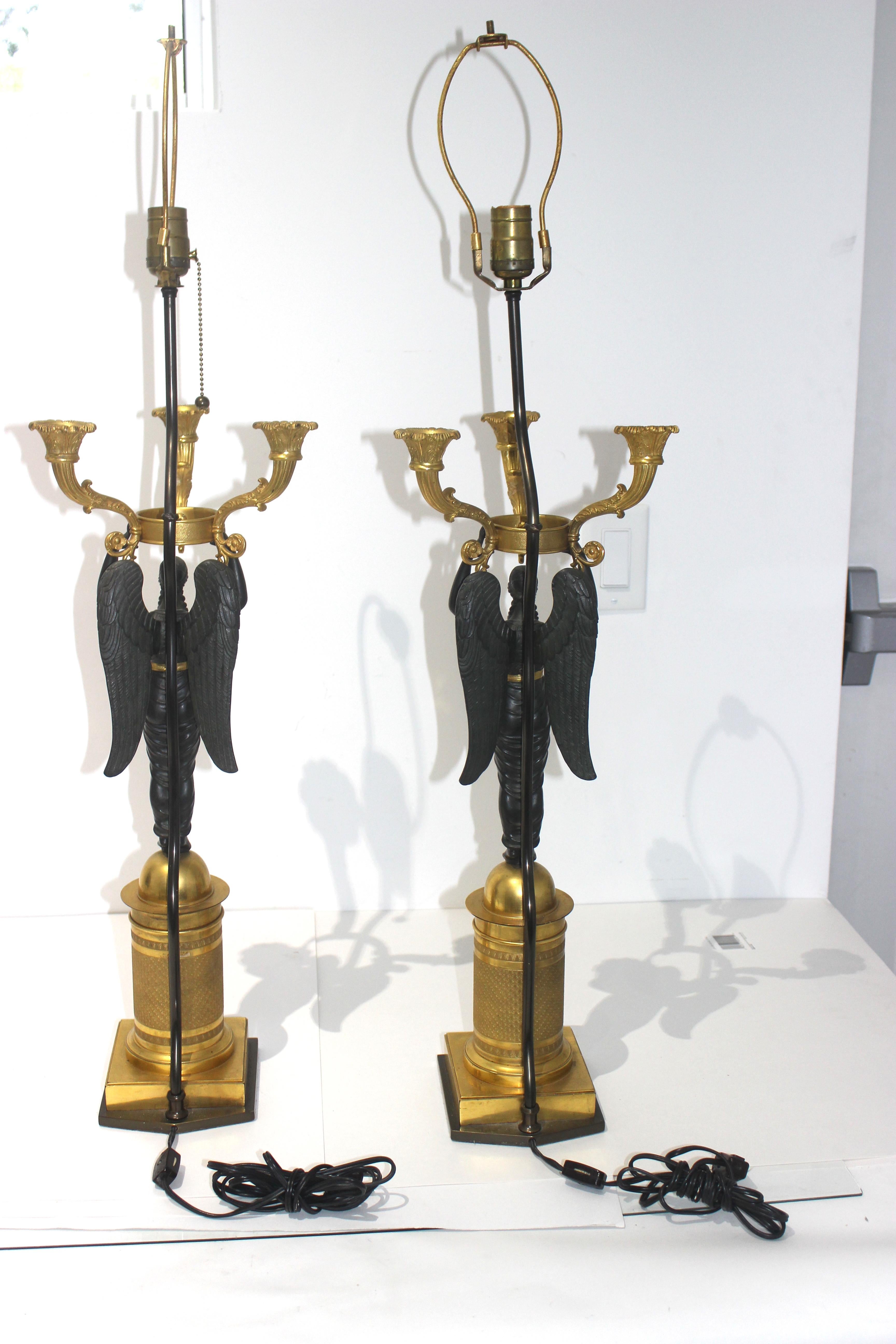 Pair of French Empire Bronze Candleabra Lamps For Sale 7
