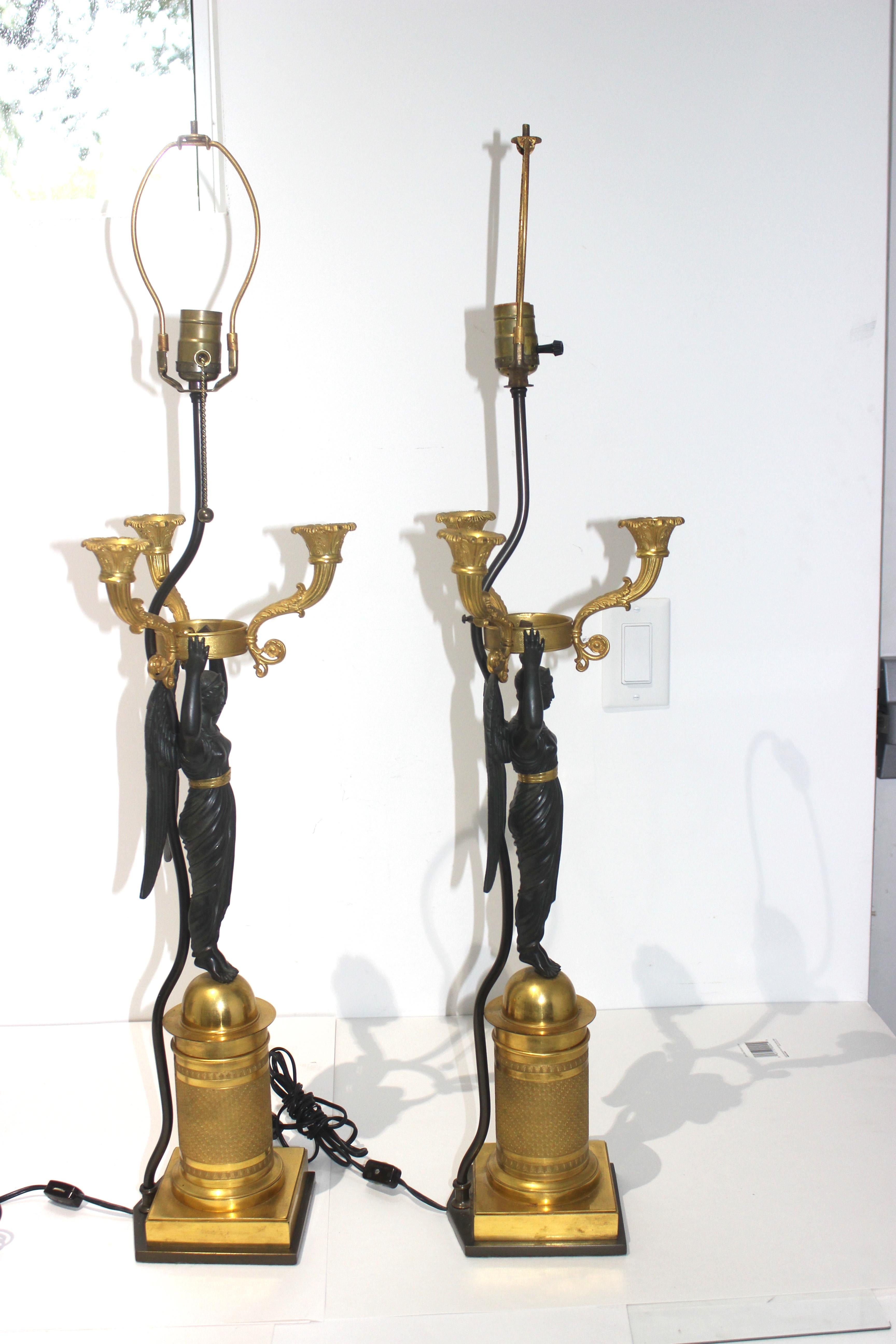 Pair of French Empire Bronze Candleabra Lamps For Sale 8